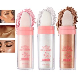 Sitovely 3 Pieces Fairy Highlighter Patting Powder, Body Glitter Shimmer Highlighter Powder Stick, Contour Pen & Blush Pen & Face Brightening, Face High Gloss Glitter Loose Highlight Powder Set