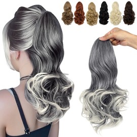 Felendy 15" Ponytail Extension Drawstring Curly Wavy Ponytail Extensions Clip in Long Pony Tails Hair Cute Synthetic Piece for Women Sliver Gray to Platinum Blonde