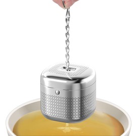 Paquete de 2 infusor de te Reinmoson de acero inoxidable 304 con malla extrafina para té suelto, diseño de cadena retráctil para tazas individuales de té de hoja suelta, incluye 2 bandejas antigoteo