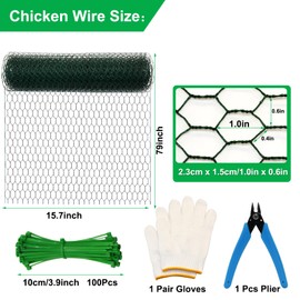 Chicken Wire for Floral Arrangement, Hexagonal Green Floral Chicken Wire Mesh PVC Coated Chicken Wire Fence Netting Floral Chicken Wire with Gloves, Wire Ties, Plier (Wire Netting-15.7 x 79In)