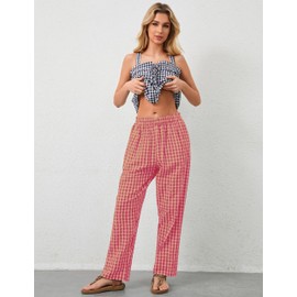 OLAPTA Women Plaid Print Gingham Comfy Lounge Pants Wide Leg Mid Rise Elastic Waist Loose Casual Long Trousers with Pockets(Small,Pink)