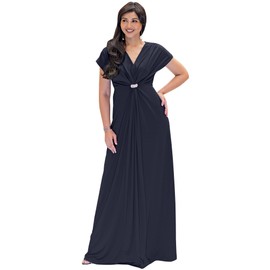 KOH KOH Vestido largo de boda semiformal con cuello en V para mujer, Azul marino oscuro, M