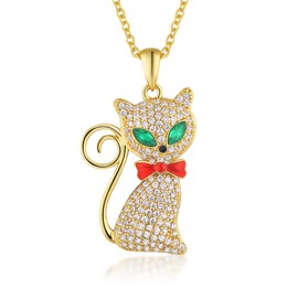 superchic Cat Necklace Pendant with Clear Cubic Zirconia, Green Eyes and Red Enamel Bow in Gold Plating. Elegant and Mysterious!