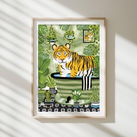 Parmaro Tiger in Bath Print, Tiger in Bathroom Print, A4 UNFRAMED Print, Animal on Toilet Print, Green Black, Tiger Toilet Print, Tropical Bathroom Decor