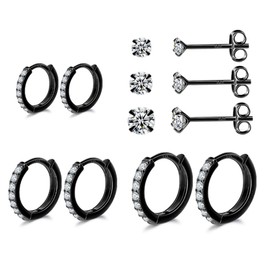 Black Hoop Earrings Sterling Silver Stud Earrings for Men Women 6 Pairs Hypoallergenic Tiny Cubic Zirconia Stud Set Cartilage Hoops 6mm 8mm 10mm
