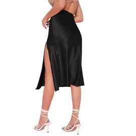 Verdusa Women's Satin Split Thigh High Waist Swing Midi Skirt Satin Black M