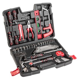 Top Tools Tool Box 100 Pieces - Socket Set 1/4" & 3/8", Ratchet, Ring Spanner, Torx, Hexagon, Hammer, Hacksaw, Pliers, Screwdrivers - Tool Set for DIY