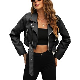 Bellivera Women's Leather Jacket Faux Motorcycle Biker Short Coat Belt Crop 2236 Black XL