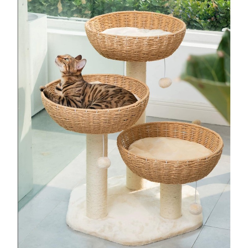SHENGOCASE Cat Tree Tower with Rattan Wicker Basket, 3 Handwoven