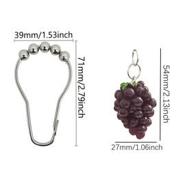 Decorative Grape Shower Curtain Hooks Rings for Bathroom Shower Rod - Rust Proof Metal Stainless Steel Curtain Ring Set of 12 with Resin Grape Pendant Fruit Collection Style Theme Bathroom Decor