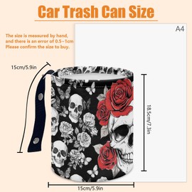 DELORIGIN Skull Roses Butterflies Car Trash Can Waterproof Car Garbage Can Car Seat Back Hanging Trash Bag Portable Camping Garbage Bin Storage Bag Collapsible Trash Container for Car (5.9" W,7.2" H)