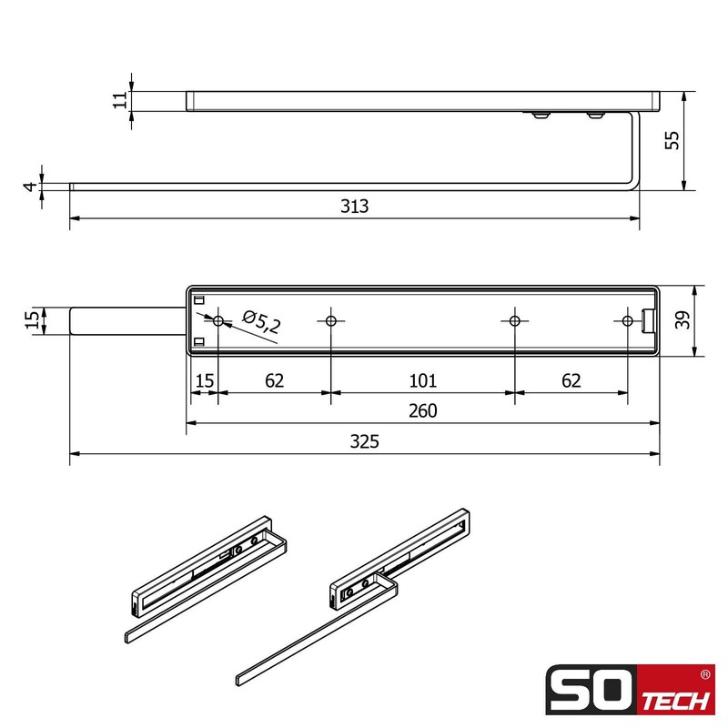 SOTECH Style 1-Arm Towel Rail Polished Chrome 325 mm Extension