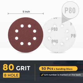 HARFINGTON 50 Pcs 5 Inch Sanding Disc 8 Hole 80 Grit Hook and Loop Sandpaper Random Orbital Sander Pads for Woodworking Automotive Metal Polishing