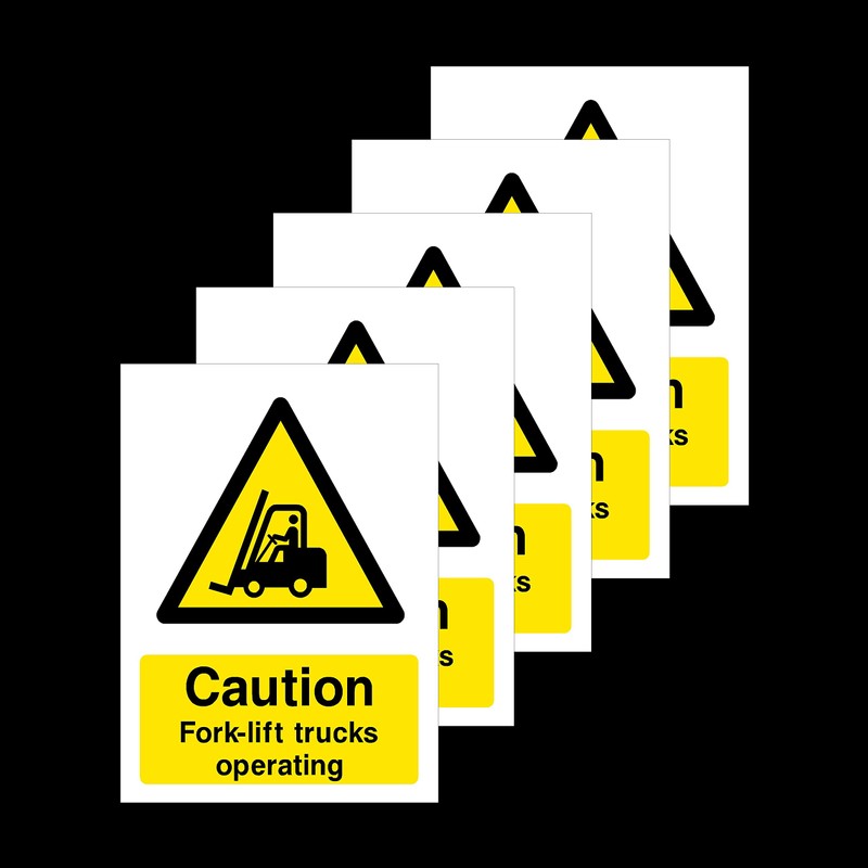5x Caution Fork-lift Trucks Operating Rigid Plastic Sign 200x300mm