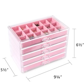 Frebeauty Acrylic Jewelry Organizer,Earring Organizer Box with 5 Drawers Clear Jewelry Box with Velvet Trays for Women,Stackable Earring Display Holder for Rings Studs and Bracelets(Pink)