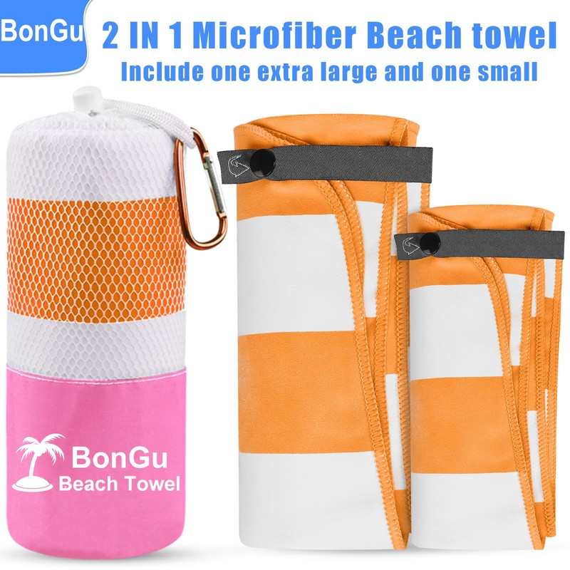 BonGu 2 Pack Beach Towel Set 180x80cm & 60x38cm Microfiber