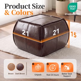 Square PU Leather Pouf Ottoman, 21" x 15" Handmade Stuffed Ottoman Pouf
