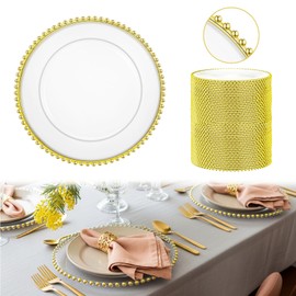 sansaieco 50 Pcs Clear Charger Plates with Beaded Rim 13 Inch Acrylic Gold Beaded Charger Plates Bulk for Wedding Party Dinner Birthday Table Events Decoration
