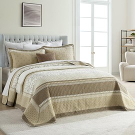 PANGUSHAN 102"×120" 100% Cotton Oversized Bedspread, Reversible Floral Farmhouse XL Oversized Quilt Coverlet Bedding Set, Quilted Bed Spread Lightweight Comforter, Brown/Beige