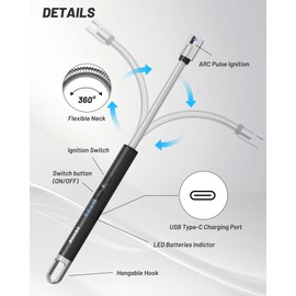 VEHHE USB Lighter, Candle Electric Lighter with Safety Lock Rechargeable Arc Lighters with LED Display, 360° Flexible Long Neck Lighters for Candles Grilling Cooking Barbecue Camping Windproof