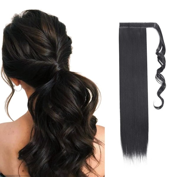 Ponytail Clip-In Extensions Hair Extensions One Piece Magic Tape in Ponytail Wrap Around Hairpiece Real Ombre 58 cm Straight Dark Black