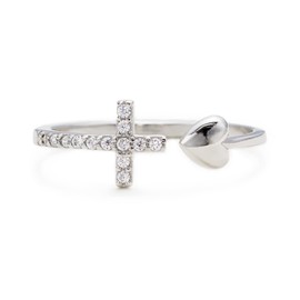 Cross Ring for Love, Silver Cross and Heart Ring for Women, Inspirational Pray Cross Heart Religious Christian Faith Jewelry Gifts for Her, Pray Through it Ring for Wife, Gemstone, Cubic Zirconia