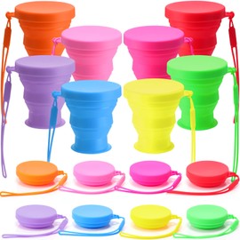 Funnymoom 8 Pcs Silicone Collapsible Travel Cup Foldable 7 oz Camping Cups with Lids, Reusable Expandable Portable Drinking Mugs for Outdoor Hiking Camping and Travel (Rainbow Colors)