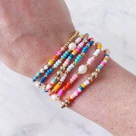 Bohxantium Gold Beaded Bracelets for Women Stack - Boho 14K Gold Plated Stretch Stackable Bracelets Set Pearl Colorful Seed Beads Trendy Dainty Jewelry Summer Beach Jewelry Gift