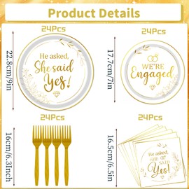 Yoyuspy She Said Yes Decorations - 96PCS Engagement Party Decorations He Asked She Said Yes Party Plates Napkins Forks Disposable Dinnerware Set Bridal Shower Just Engaged Bachelorette Decor Supplies