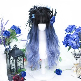 Lolita Wig, Harajuku, Long, Curly Hair, Light Blue, Black, Lolita Style, Gothic Lolita, Cosplay Wig, Gothic Bangs, Costume, Heat Resistant Wig, Curl, Women's Wig, Daily Use, Small Face Effect, Cute