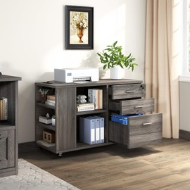 DWVO 3 Drawer File Cabinet, Mobile Office Filing Cabinet with Lock, Printer Stand with Charging Station for Home Office, Grey