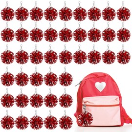Remuuly 40 Pcs Cheer Pom Pom Keychain Cheerleader Gifts Cheerleading Keyring Charm Foil with Keychain Hooks for Women Accessories (Red Silver)