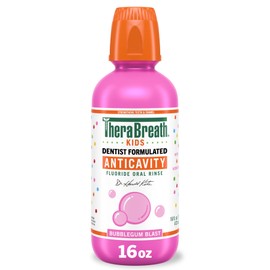 TheraBreath Kids Anticavity Fluoride Oral Rinse, Strengthens Teeth & Enamel, Alcohol Free & Dye Free, Certified Organic Bubblegum Blast Flavor, 16 Fl oz