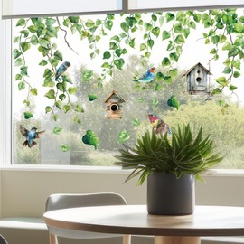 PLIGREAT 9 Sheets Hanging Green Vine Window Clings Birds Flower Cage Window Sticker Self-Adhesive Creative DIY Decals for Bedroom Home Window Decor Store Display Glass Door Decorative