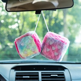 Heart Embroidered Colorful Fuzzy Plush Dice - 3-Inch Decorative Car Mirror Hanging Ornaments, Soft Foam, Easy Install, Great Gift Idea (Rainbow)