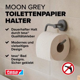 tesa MOON GREY Toilettenpapierhalter,matt grau - Rollenhalter ohne Deckel für Bäder im Industrial Style und moderne Badezimmer - bohrfrei, inklusiv Klebelösung - 99 mm x 140 mm x 53 mm