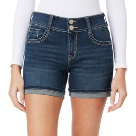 WallFlower Women's Luscious Curvy Denim Shorts Mid-Rise Bling and Belted Insta Stretch Juniors (Standard and Plus), 5" Evan Midi