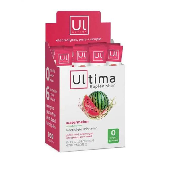 Ultima Replenisher Electrolyte Hydration Powder, Watermelon, 20 Count Stickpacks - Sugar Free, 0 Calories, 0 Carbs - Gluten-Free, Keto, Non-GMO with Magnesium, Potassium, Calcium, 0.12 Ounce (20 Count)