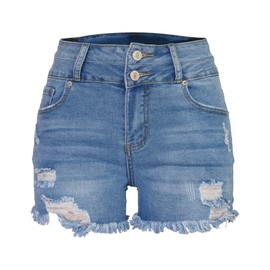 Aodrusa Jean Shorts Womens High Waisted Stretchy Mom Two Buttons Frayed Raw Hem Ripped Denim Shorts Distressed Light Blue US 12-14