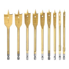 sourcing map 9Pcs Spade Drill Bit Paddle Flat Bits Set Wood Hole Cutter with Quick Change 1/4 Inch Hex Shank for Woodworking Fiberglass, Gold Tone