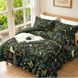 keensoft Queen Comforter Set - 3 Pieces Botanical Bedding Comforter Set, 1 Soft Green Plant Flowers Comforter (90"x90") and 2 Pillow Shams(20"x26") Ultra-Soft Comfort Suitable for All Seasons