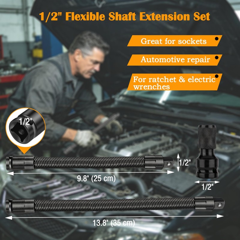 Mosheehdor 1/2" Drive Flexible Socket Extension Set, 10" & 14"