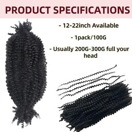 Human Hair Springy Twist Hair Extensions Afro Kinky Bulk Hair 100% Human Hair Twist Crochet Braiding Hair Springy Afro Twist Hair Extensions Natural Color For Black Women 16 Inch 100g