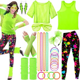 SaiXuan 26 Pieces 80s Neon Clothing Women's Set, Mesh Shirt Women, Fluorescent Vests, Headband, Earrings, Necklace, Mesh Gloves, for 80s Outfit Women, Theme Parties and Stage Shows