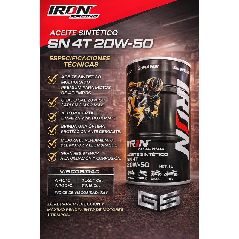 Aceite Sintetico 1l Para Moto Iron Racing Api Sn 4t
