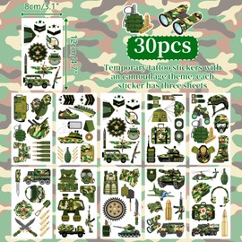 60PCS Camo Military Party Set, 30PCS Temporary Tattoos, 30PCS Slap Bracelets, Army Themed Birthday Supplies, Camo Party decoration, Baby Shower Gifts, Classroom Rewards, Decor for Kids