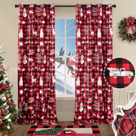 Thermal Insulated Curtains for Winter,96 Inch Long 2 Panel Set Vintage Christmas Red Blackout Heavy Thick Keep Cold Out Blocking Weather Insulating Floor Length Black Out Curtains for Bedroom Windows