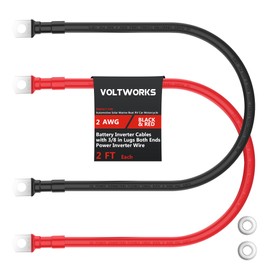VOLTWORKS 2 AWG Gauge Red + Black Pure Copper Battery Inverter Cables Solar, RV, Car, Boat 2ft 3/8 in Lugs