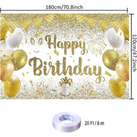 Gold Birthday Paty Backdrop Gold Happy Birthday Banner Gold Photography Background for Home Decorations Party Supplies