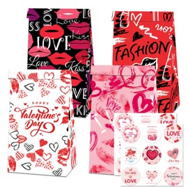 Obluchye Valentines Day Gift Bags 12PCS,Valentine Treat Bags with 18 PCS Stickers,Valentine's Day Kisses Love Goodies Candy Paper Bags for Valentines Party Favor Gift Wrapping